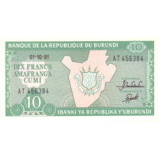P33b Burundi 10 Francs Year 1991